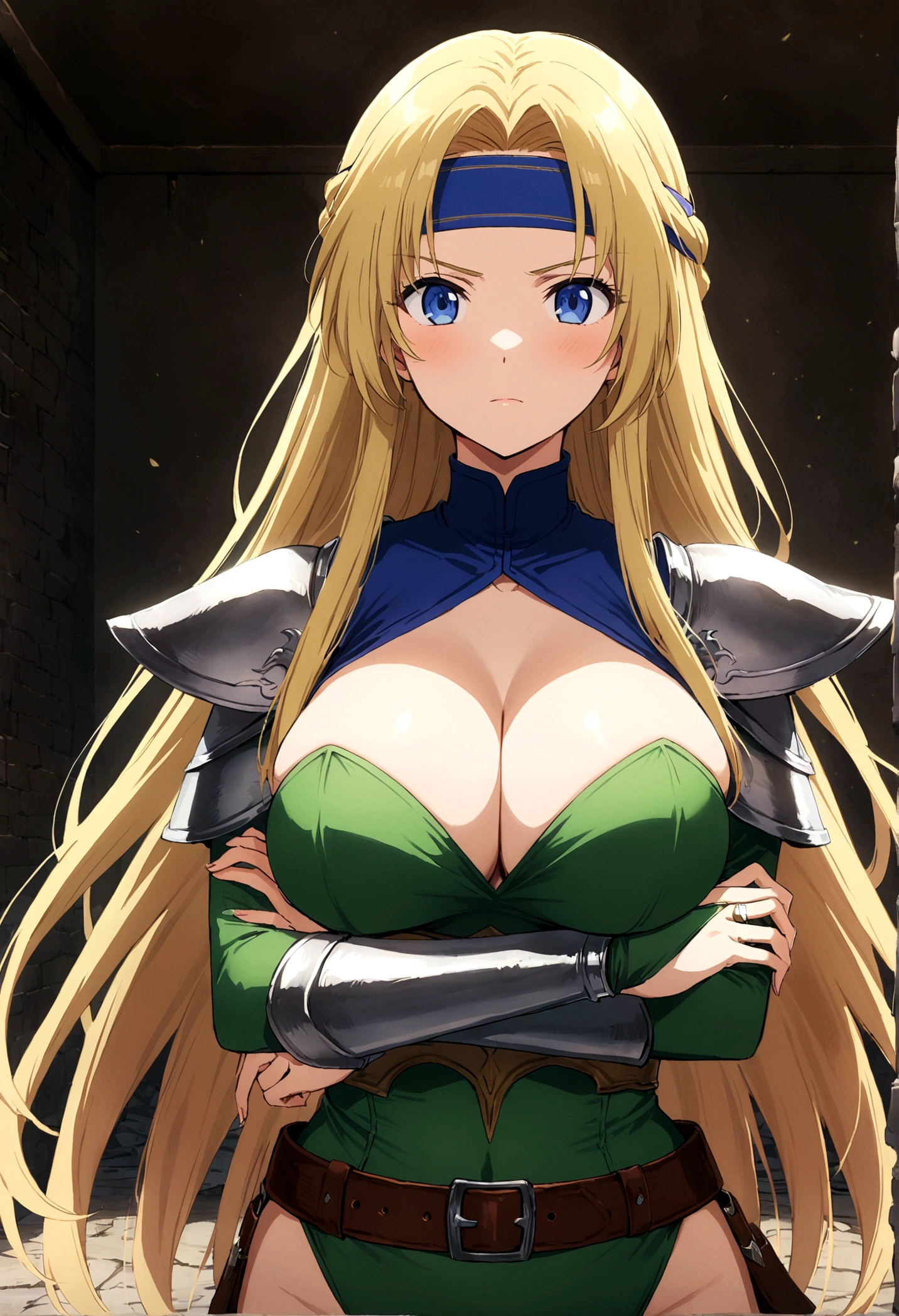 score_9, score_8_up, score_7_up,,BREAK source_anime, from front ,standing,straight-on,(medium shot),looking_at_viewer,1girl, celes chere, final fantasy.blonde hair, blue eyes, green leotard, headband, large breasts,cleavage, pauldrons, circlet, bridal gauntlets, belt, white cape, vambraces,bracer, very long hair, bangs, closed mouth,cross arms in side. (best quality),(aesthetic,very aesthetic),masterpiece, highres, (anime screenshot:0.5),