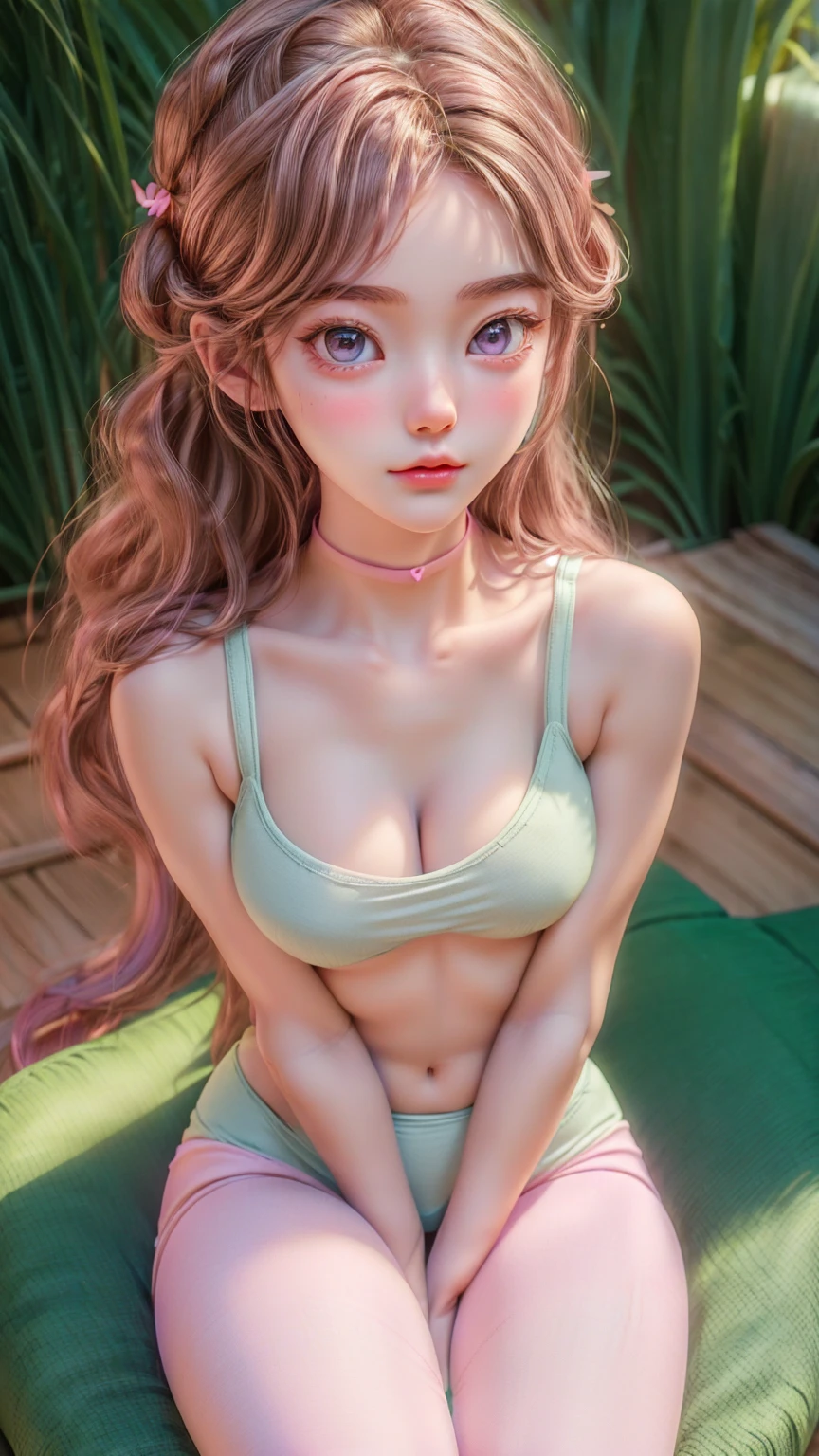 ((best quality)), ((masterpiece)), (detailed), 1girl, perfect cute face, -yeld Brsh girl, wearing a pink headband, brown curly hair, blue eyes, ultra huge tits, perfect slim body, wearing a yellow bra, underneath wearing green tight shorts, sitting in the gym. 