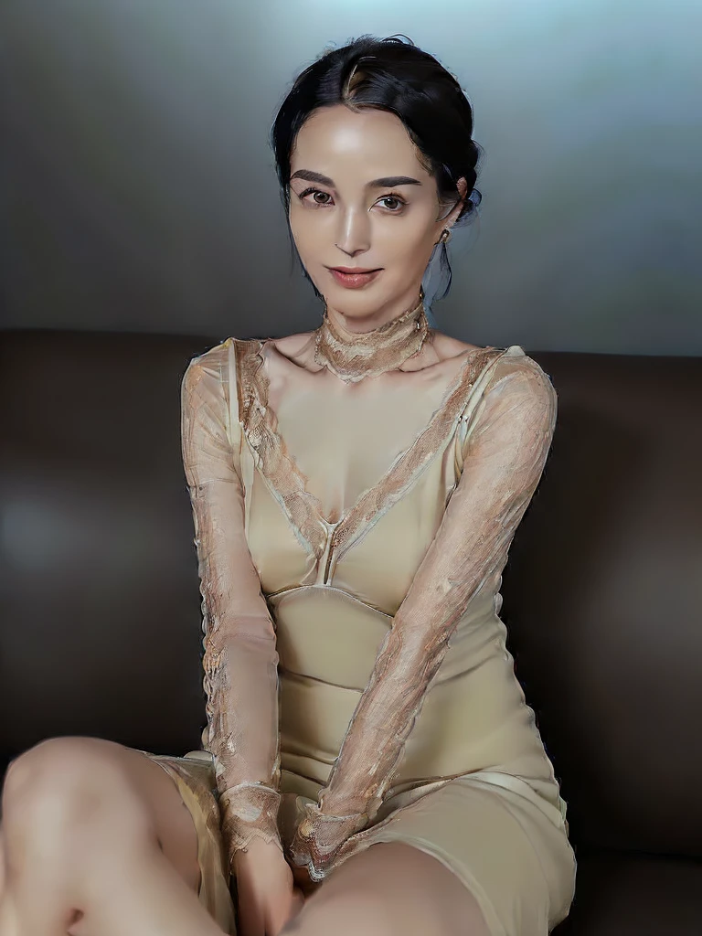 (((Ultimate Photorealistic, ultimate high-quality 32k photo))),(((American-shot photo taken from the front, looking at viewer seriously ))),(((( Seductive pose, 7 heads、Staring Intently :1.8)))),(((She has the perfect proportions of a goddess ,she is wearing a half sleeves matte dark beige classic elegant Transparent lace fabric very lacy one piece semi–long dress that fits her perfectly,Wide open V-neck, She is looking straight at the camera with a very shy look on her face.。light makeup、elegant black wet middle bob。An elegant and simple beige very thin choker.:1.4)))。((Highest quality)), ((masterpiece)), (((detailed))), (((midnight ,Modern hotel bar on a dark pouring stormy night, Sitting with Knees Up on sofa , spread legs, showing groin parts, very Low Key Lighting:1.9)))、(((A very beautiful, extremely elegant and intelligent 42 year old Japanese woman。A feminine, curvaceous body。Beautiful line from hips to thighs、Extremely beautiful legs and calves、The cleavage, thighs and groin parts are extremely visible.、An extremely elegant, calm and modest smile, My eyes are extremely watery、I'm very horny、embarrassed ,blush, Curvy Body、Extremely realistic, detailed and beautiful depiction of face, décolletage, thighs and groin parts,Beautiful knees,Ultra-realistic skin texture:1.9)))、(((The skin is white and very soft。A very hot rainy summer night、I'm pretty sweaty、Her underwear and clothes are quite see-through、When wet, it sticks tightly to the skin, revealing the beautiful lines of the body.、The skin is clearly visible through the extremely thin fabric.:1.9)))。(((A simple, elegant and sheer knee-length tight skirt in a deep beige lace design with intricate details.,The clothes fit the body very well:1.8))), ((Healthy Body、The line of the chest, collarbone and extremely beautiful and feminine décolleté are the ultimate beauty.:1.9))。(((large&good hips、large&nice chests )))