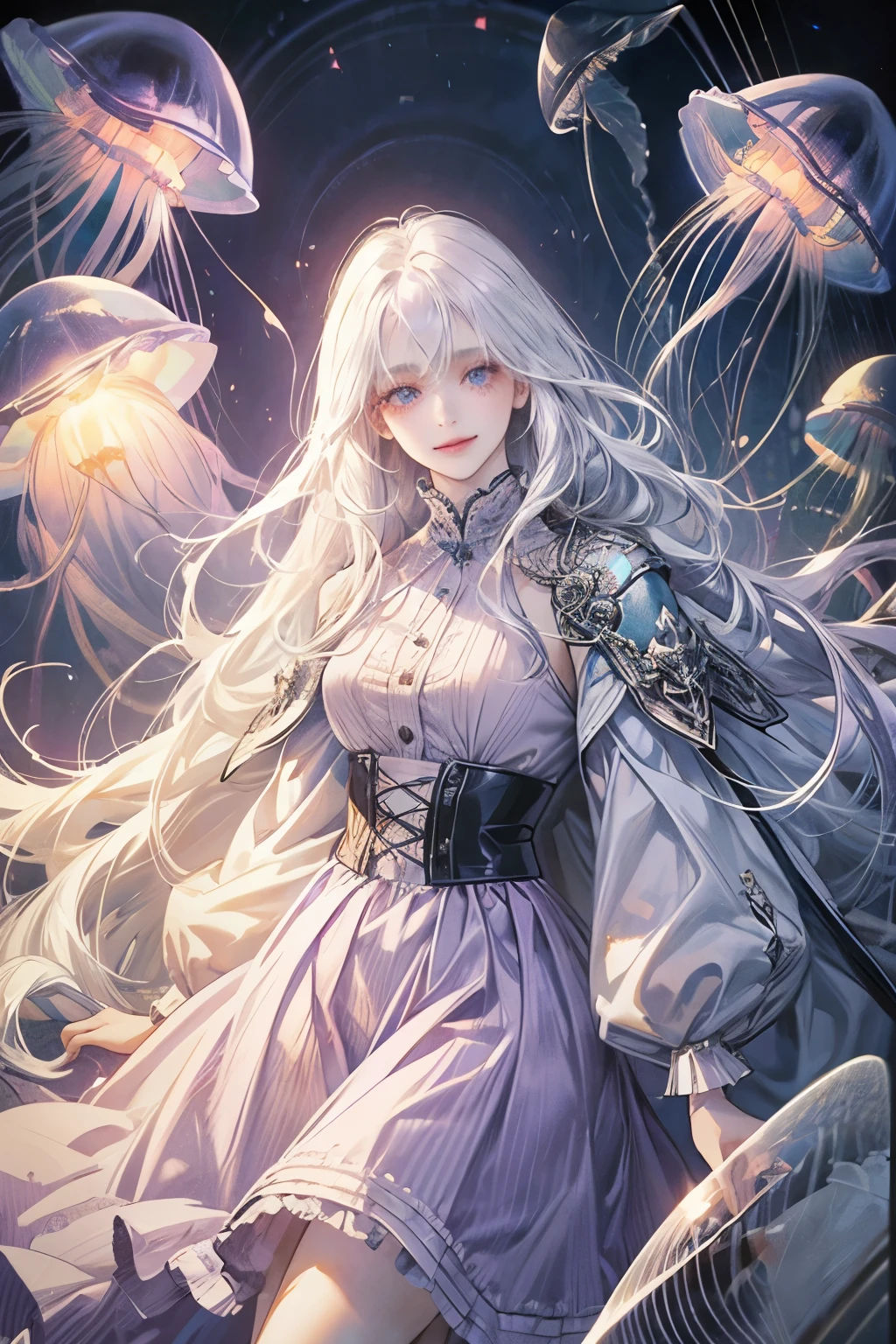 One girl,Long Hair,Fluffy hair,Thighs,Garter Ring,Long skirt,Jellyfish,jellyfish,Light purple clothes,White Hair,Droopy eyes,Kind Face,arms,Beautiful girls,mole,Highest quality,Pale purple,smile,Jacket,dress