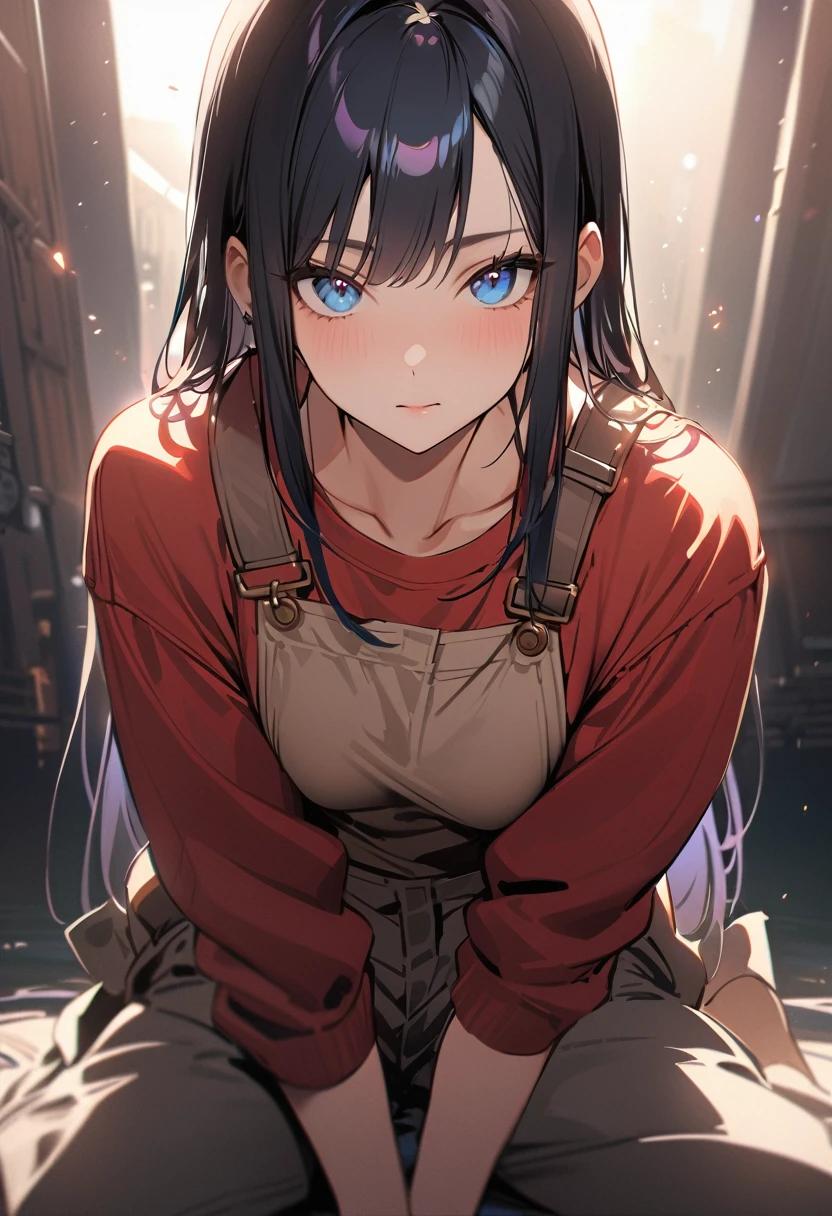 1 girl, long hair, black hair, straight hair, short bangs above brows, blue eyes, 
BREAK (masterpiece), (high resolution 8K), cinematic lighting, professional lighting, detailed eyes and face, detailed body, 
BREAK overalls, fullbody