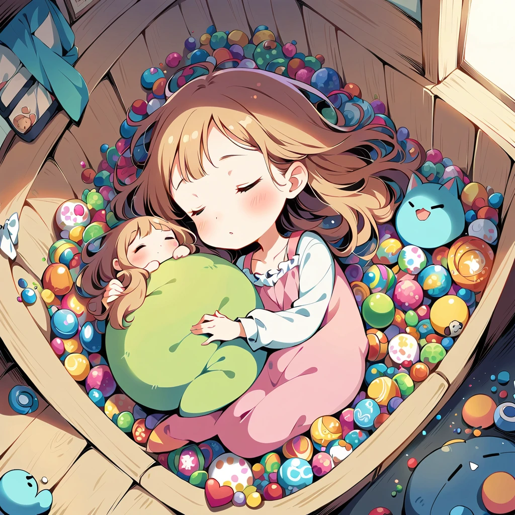 A young girl sleeps, curled up in a room full of colorful chibi toys.