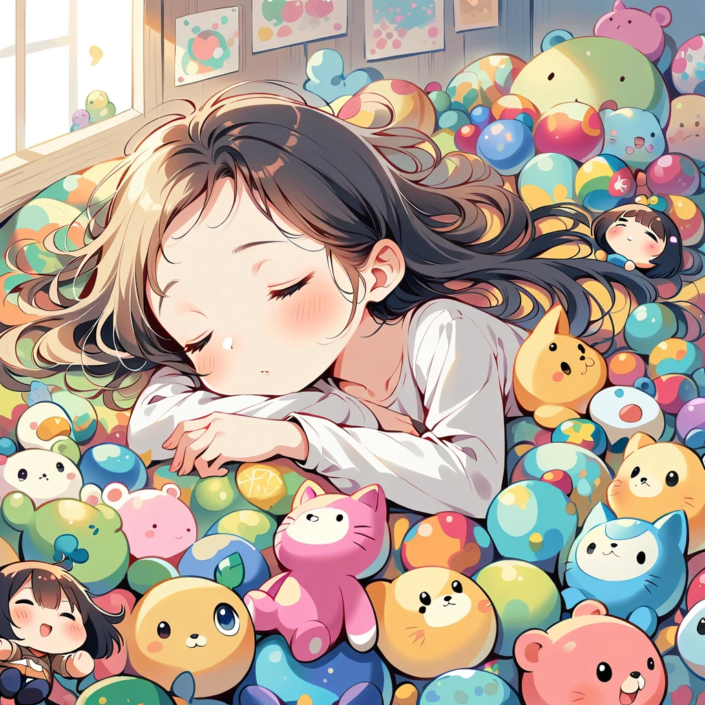 A young girl sleeps, curled up in a room full of colorful chibi toys.
