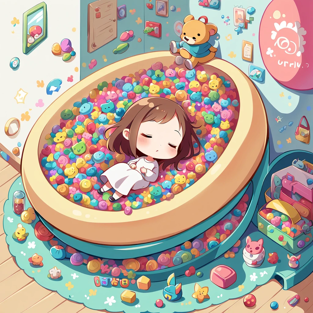 A young girl sleeps, curled up in a room full of colorful chibi toys.