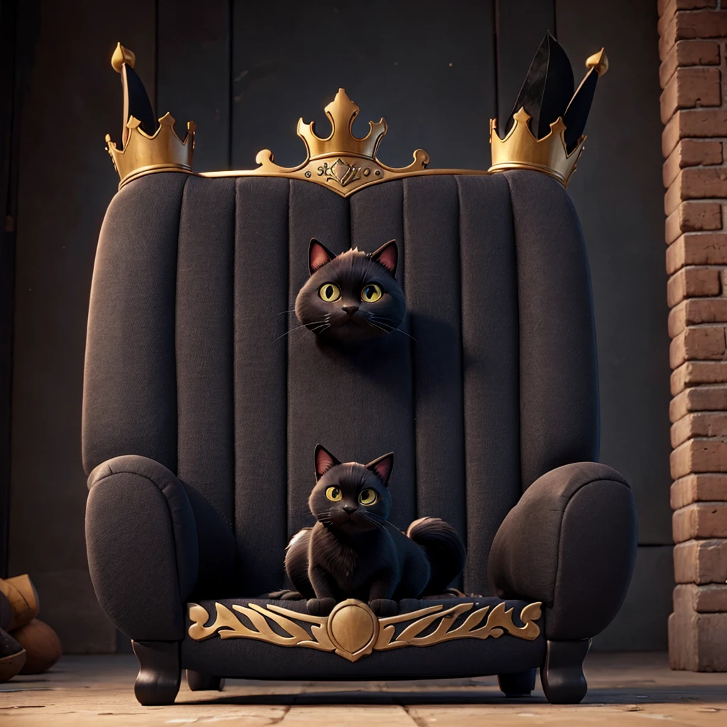 Black cat wearing a crown standing on a throne