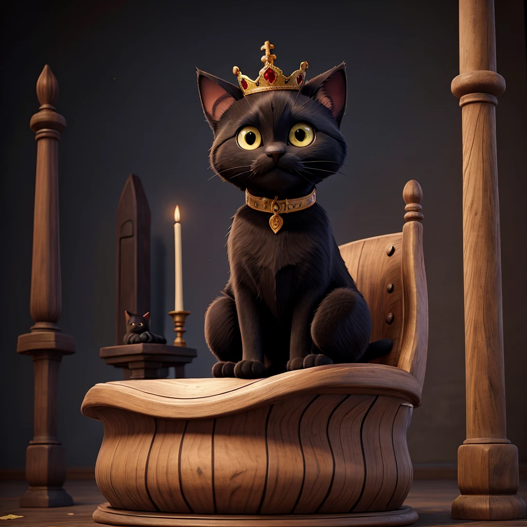 Black cat wearing a crown standing on a throne