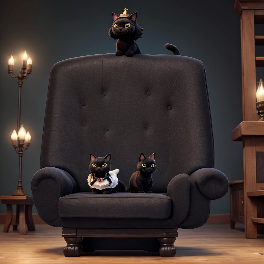 Black cat wearing a crown standing on a throne