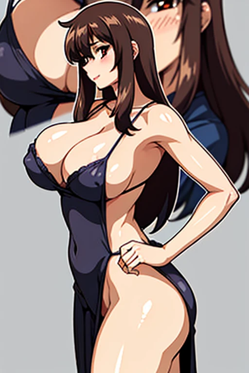 (beautiful detailed eyes:1.5, beautiful detailed face:1.2, beautiful detailed hair), Murrue Ramius, 1woman, red eyes, blush, (nsfw, sexy, Curvy), (brown hair, long hair, bangs), (sagging large breasts:1.5), (negligee:1.5), (upper body:1.5, standing), (Perfect detailed Anatomy, beautiful detailed hair, perfect female body:1.2, shiny skin), (thick outline, Beautiful outlines, black outlines), simple background:1.5