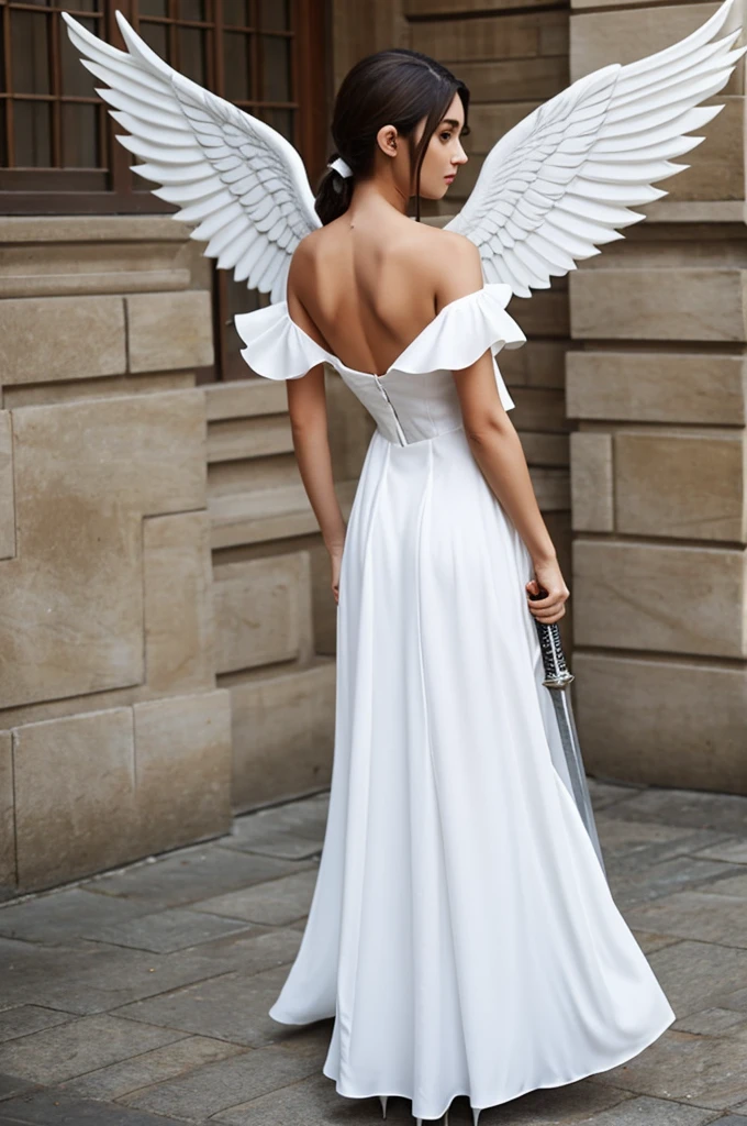 White dress with duck tail wings and a sword at the side