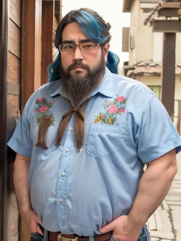 Glasses, beard, Brown eyes, Fat, 1 boy, Fashion Model, ((Twin tails)), (long hair), (Cowboy Shot), ((Light blue hair)), Aloha Shirt