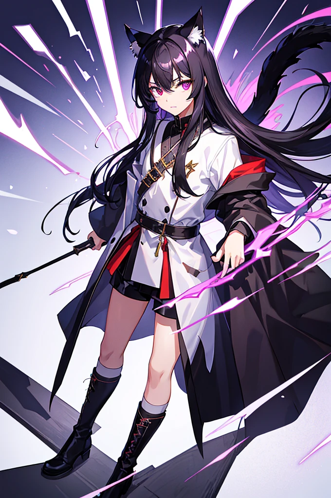 Black Hair少年，Around ，Black Hair，Cat ear，Cat tail，Purple cloak，Heterochromia，Red left eye，Blue right eye，White shirt，Purple cloak，Standing，whole body，For the audience，White background，masterpiece，HD，4K，Detailed facial depiction，Black trousers，Black boots，Black Hair，White background（1:5）