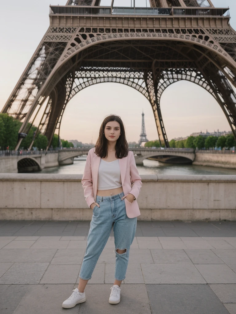 RAW, analog, Nikon Z 85mm, award winning glamour photograph,((best quality)), ((masterpiece)), ((realistic)), 18th century, vintage image, gorgeous French woman wearing denim skirt and cream short top, 25 year old, (long brown/red curly hair), hazel blue eyes, small perky breasts, sitting outside at a Paris caf, eiffel tower in background, petite, ((small breasts)), innocent, flower pedals in the air, (freckles:0.6), intricate details, highly detailed, sharp focus, professional, 4k, spring flowers blooming, god rays, hand model, stunning blue eyes, petite, delicate, innocent,highres, detailed facial features, high detail, sharp focus, smooth, aesthetic, extremely detailed, photo_\(ultra\), photorealistic, realistic, post-processing, max detail, roughness, real life, ultra realistic, photorealism, photography, 8k uhd, photography, SEMI-SILHOUETTE light, russian face