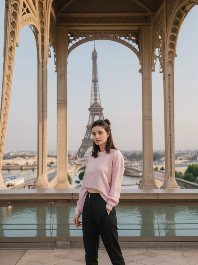 her name is Amelie, high quality, 1girl, ((20-year-old fit Caucasian woman)), ((20 years old)), ((fit)), ((Half-Up Bun dark hair)), pose: standing, wearing stylish Generation-Z modern wear pastel colored, BACKGROUND:Standing on a bridge over the Seine River, with the Eiffel Tower illuminated against the night sky