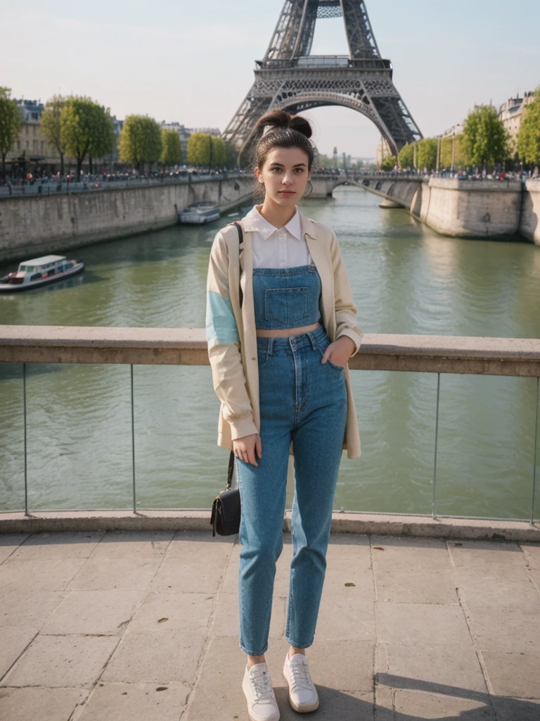 her name is Amelie, high quality, 1girl, ((20-year-old fit Caucasian woman)), ((20 years old)), ((fit)), ((Half-Up Bun dark hair)), pose: standing, wearing stylish Generation-Z modern wear pastel colored, BACKGROUND:Standing on a bridge over the Seine River, with the Eiffel Tower illuminated against the night sky