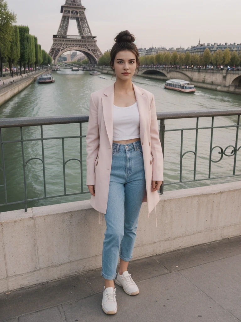 her name is Amelie, high quality, 1girl, ((20-year-old fit Caucasian woman)), ((20 years old)), ((fit)), ((Half-Up Bun dark hair)), pose: standing, wearing stylish Generation-Z modern wear pastel colored, BACKGROUND:Standing on a bridge over the Seine River, with the Eiffel Tower illuminated against the night sky