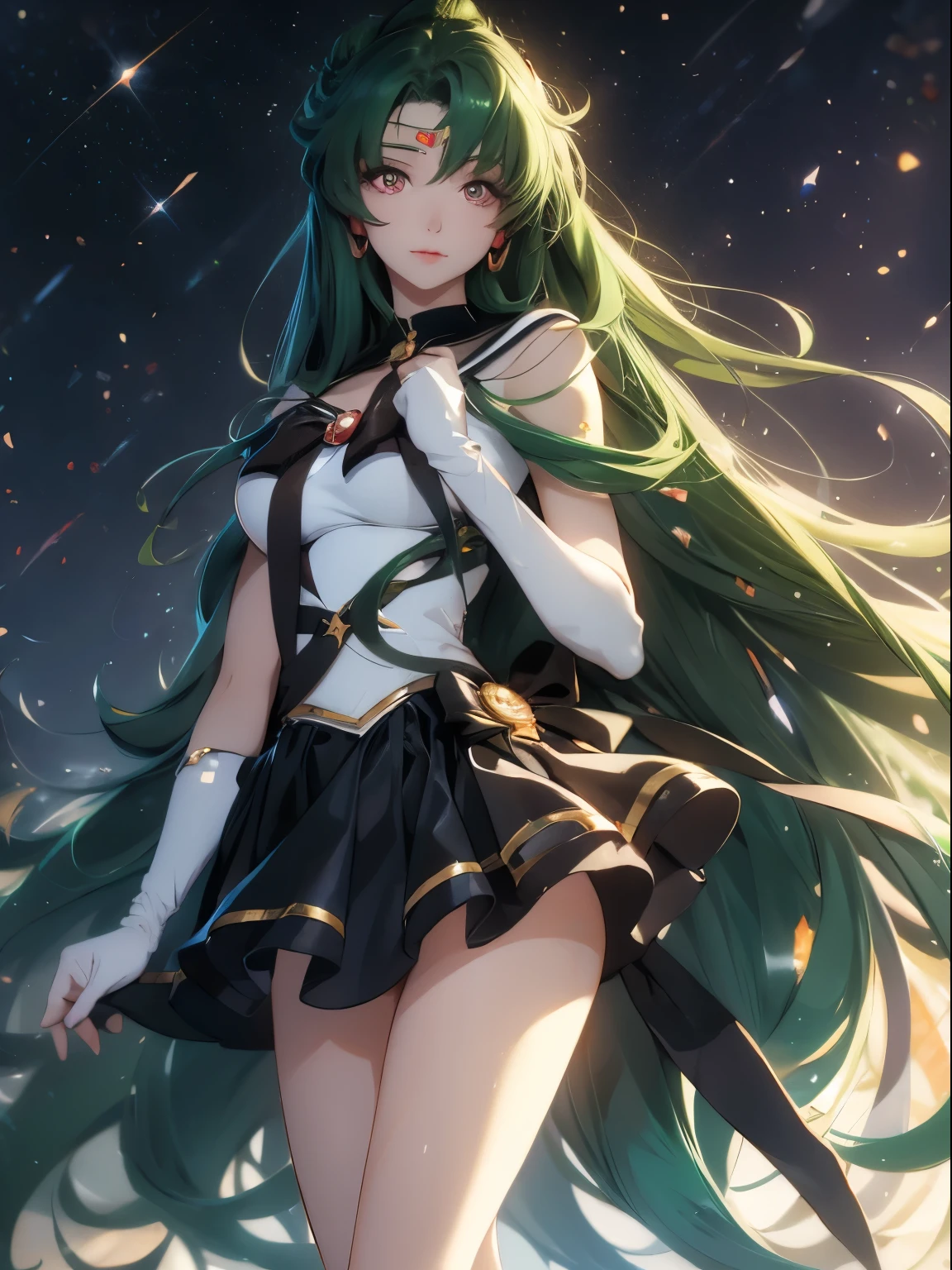 sailor pluto, 1 girl, dark green hair, long hair, brown eyes, detailed eyes, simple background, female focus, alone, Standing, Setsuna Meio, portrait, full body, (Masterpiece:1.0), (best quality:1.0 ), (wallpaper 8k:1.0), (detailed beautiful face:1.0), (detailed deep eyes), deep eyes, looking at viewer, sailor scout, brown bow on chest, brown skirt, white gloves,