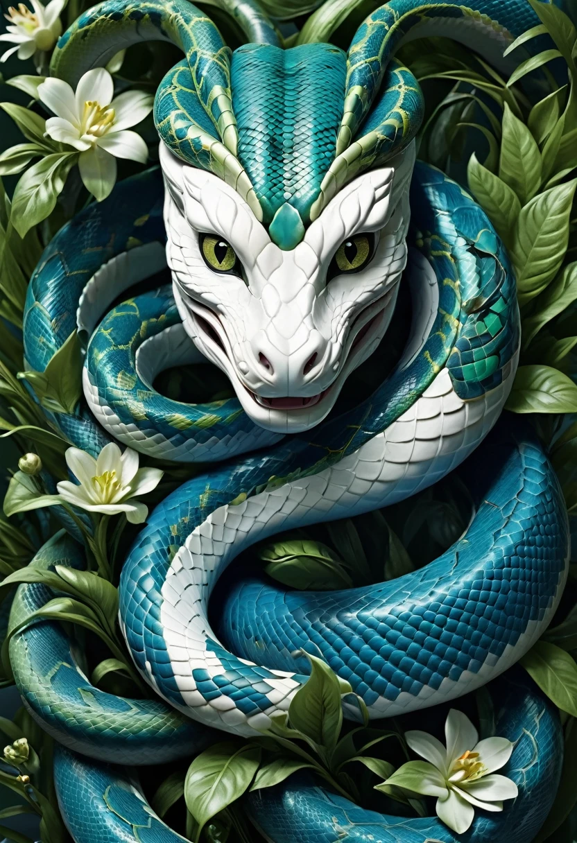 Mechanical snake head,lifelike,personal,Character setting,Ultra-detailed graphics,Delicate face,8K,magazine cover,Floral background decoration,Strong color contrast,Darker color,Blue, green and white