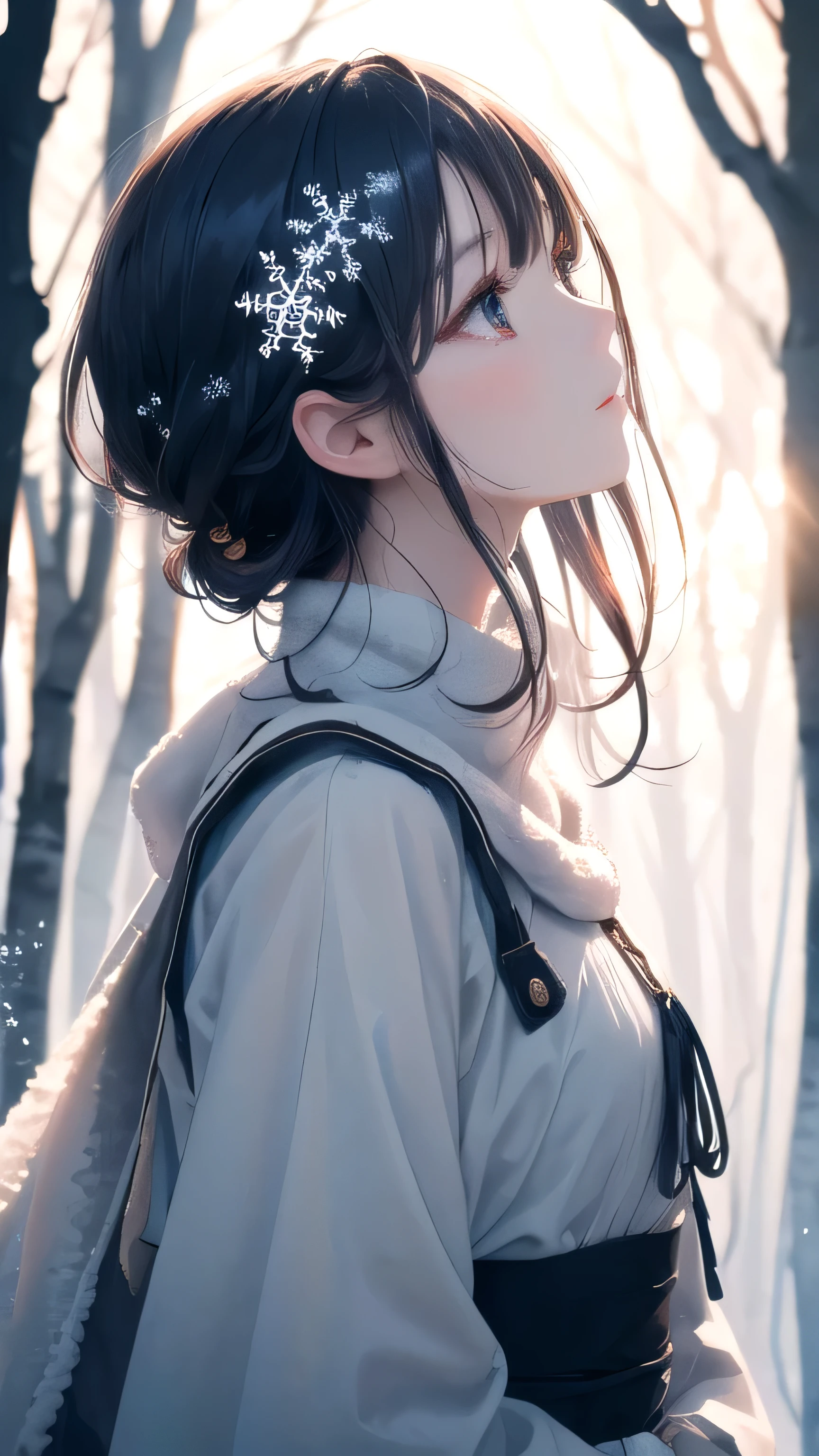 1girl, gradient hair, detailed clothes, winter forest, snowflake, soft cinematic light, elegant, highly detailed, faded, hires, backlighting, face focus, sparkle, from side, looking up