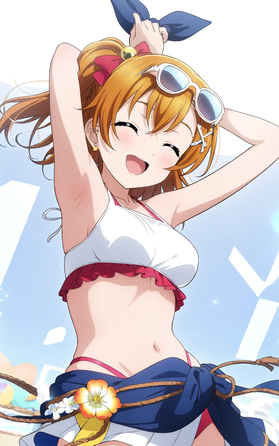 (masterpiece, best quality, highres), 1girl, medium hair, medium breasts, bikini, swimsuit, arms up, hands up, armpits, white background, id_honoka_kosaka, front view