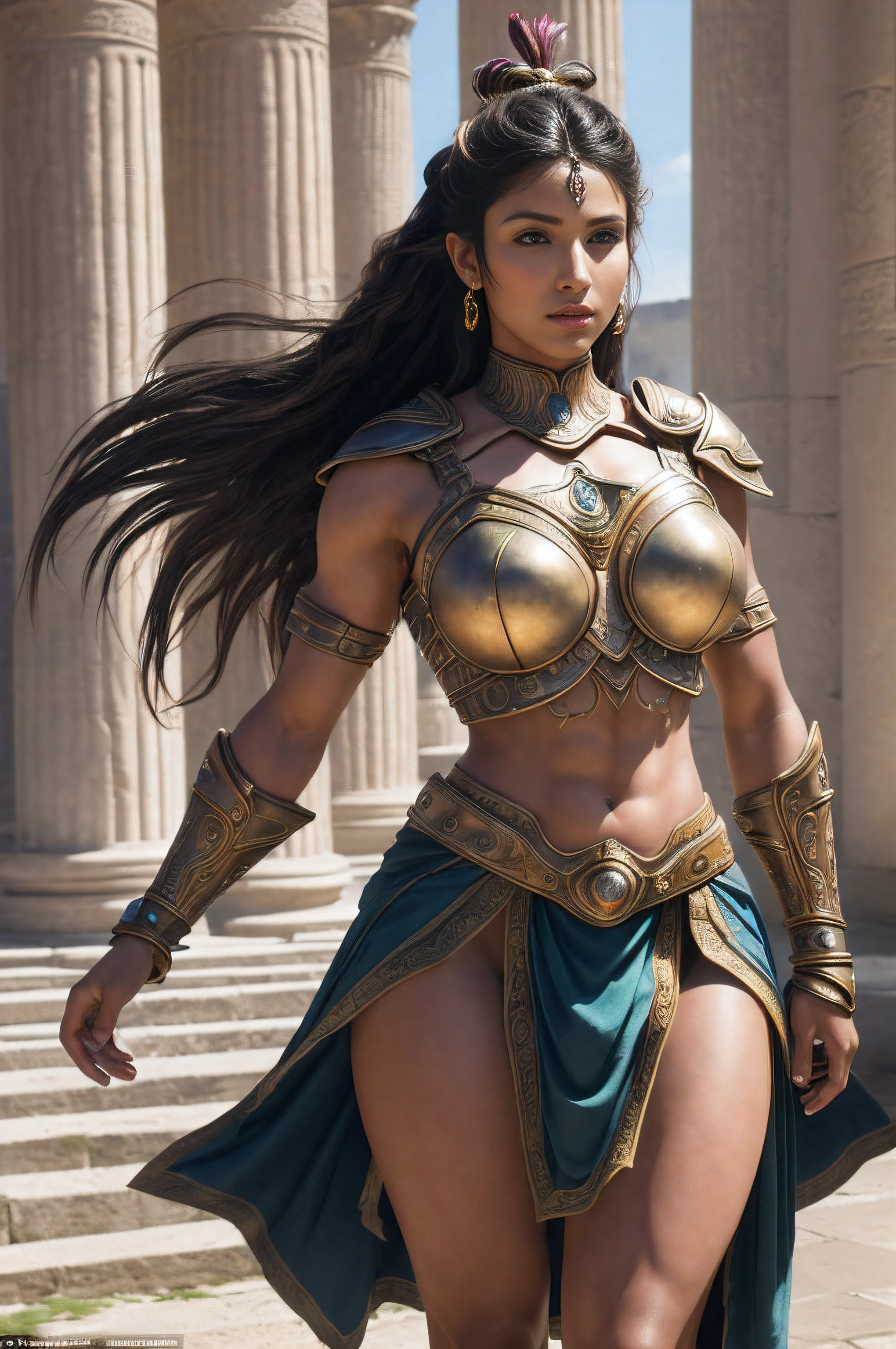 (((of the highest quality: 1.4))), (incomparable masterpiece of all time), (ultra high definition), (Arte de Brian Froud), (Ultra-realistic 8K CG), offcial art, attractive poses, Female gladiators, Incredibly beautiful beautiful face, Highly detailed armor and gauntlets, Messy hair, muscular_cos:1.4, skin tanned:1.4, Highly detailed chest, Muitas tatuagens tribais no cos, breasts big, cos bem treinado, Ancient roman city background, Sunlight creates a beautiful gradation of shadows、Adds depth to the image, (subdued colors, dark colours, muted tones: 1.3), Low saturation, (hyper detail: 1.2), Perfect Anatomia,