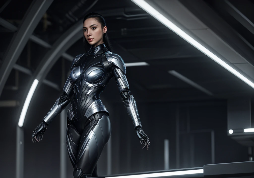 ```
Positive prompt: "Create a full-body image of a futuristic female cyborg with an elegant and sophisticated design. She is an adult woman, exuding both strength and grace. Her overall appearance should blend advanced technology with human-like features. Her body is a seamless integration of sleek metallic components and organic elements, showcasing advanced cybernetic enhancements. She is facing forward, and her entire body, including both arms and legs, is visible from head to toe.

Her facial features are refined and expressive, with lifelike eyes that convey intelligence and depth. Her hair, though artificial, has a realistic and stylish appearance, possibly incorporating metallic strands or futuristic elements.

Her attire should be a combination of futuristic armor and stylish clothing, reflecting her advanced nature. The design should highlight her agility and power, with sleek lines and a streamlined silhouette. Consider incorporating elements such as illuminated circuits, advanced interfaces, or holographic displays integrated into her outfit.

The color palette can include metallic silvers, deep blues, and hints of neon accents. The background should be a dark, futuristic interior with soft, ambient lighting to emphasize the advanced technology. The overall style should be hyper-realistic with intricate details.

Ensure the image shows her full body from head to toe, with both arms and legs clearly visible. Use a portrait aspect ratio to capture the entire figure. Specify 'full body shot' and 'entire body' to emphasize the need for a complete view. Make her appearance more mechanical and robotic, with visible gears, wires, and metallic textures throughout her body. Include details about her shoes or feet, such as 'wearing sleek metallic boots'."

Negative prompt: "cropped, out of frame, deformed, disfigured, poorly drawn face, poorly drawn hands, poorly drawn feet, blurry, low quality, bad anatomy, missing arms, missing legs, extra limbs, extra arms, ext