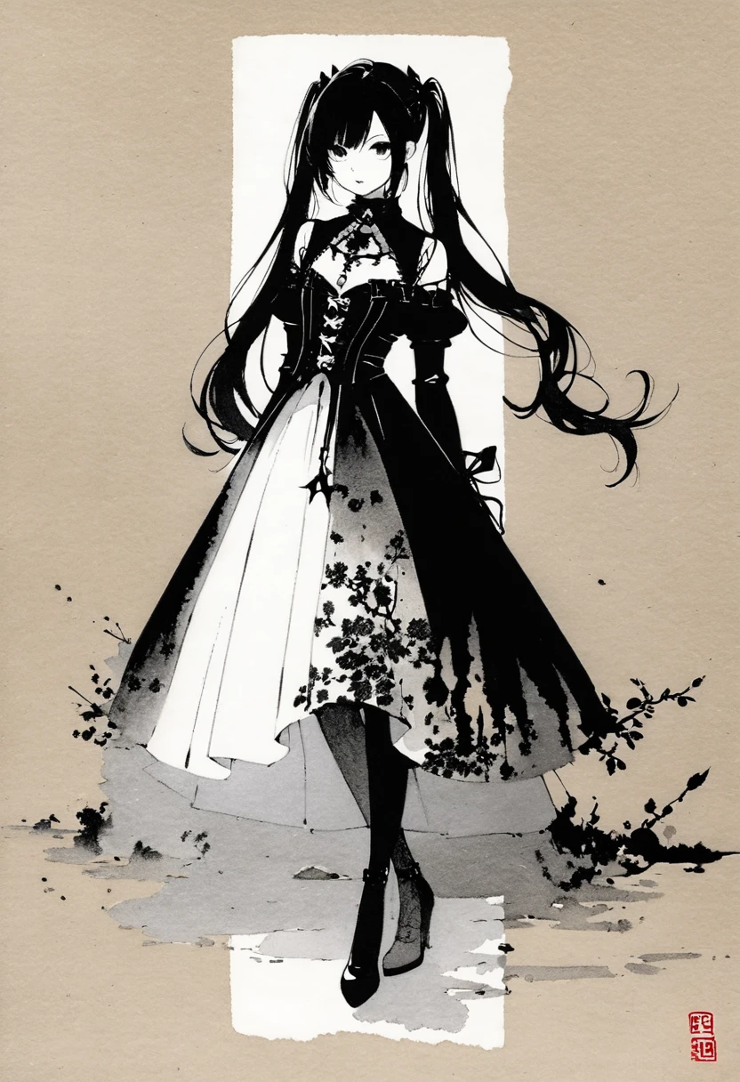 a girl with long twin pigtails, gothic fashion, minimalist, black and white, line art, lots of negative space, ink wash painting