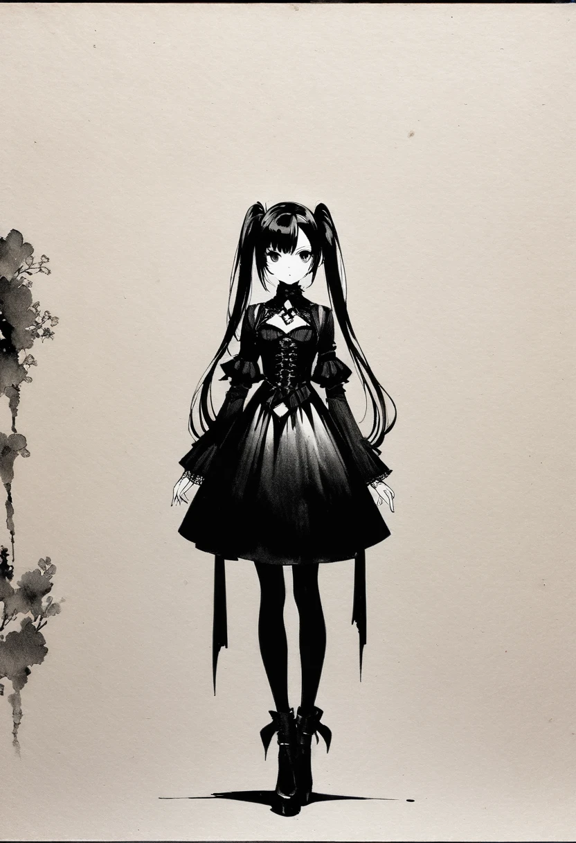 a girl with long twin pigtails, gothic fashion, minimalist, black and white, line art, lots of negative space, ink wash painting