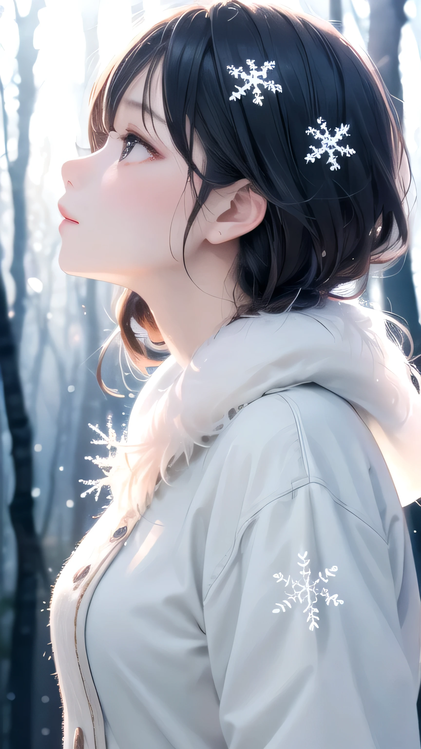 1girl, gradient hair, detailed clothes, winter forest, snowflake, soft cinematic light, elegant, highly detailed, faded, hires, backlighting, face focus, sparkle, from side, looking up