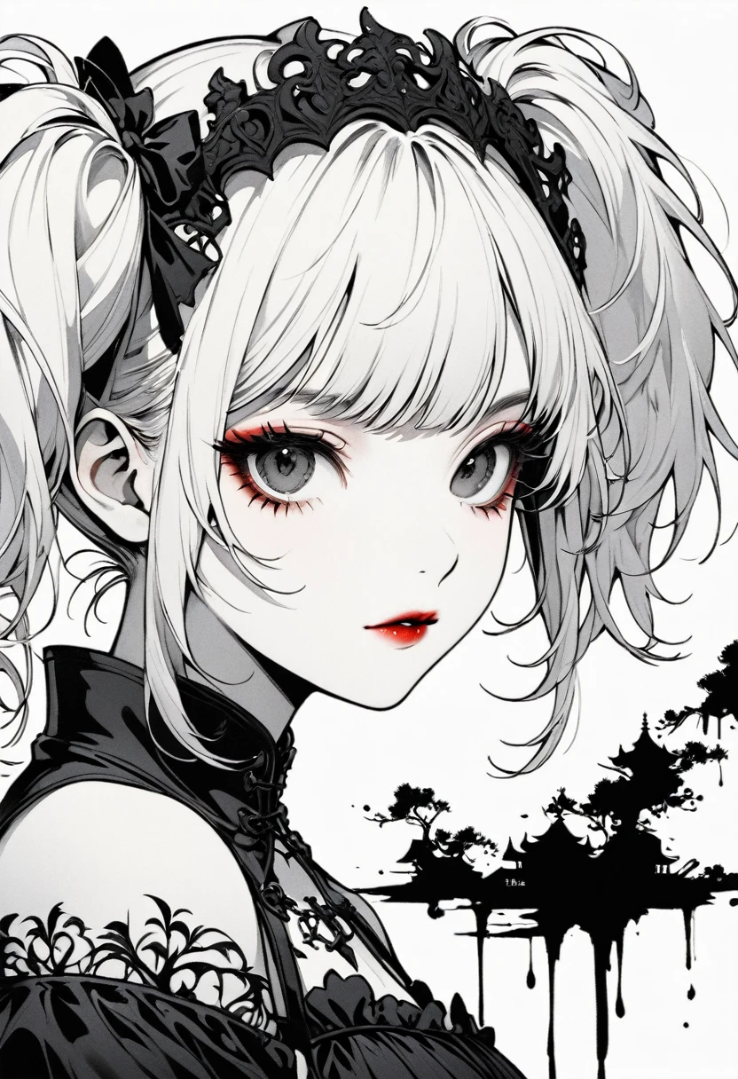 a detailed gothic girl with two pigtails, minimalist black and white line art, negative space, ink painting