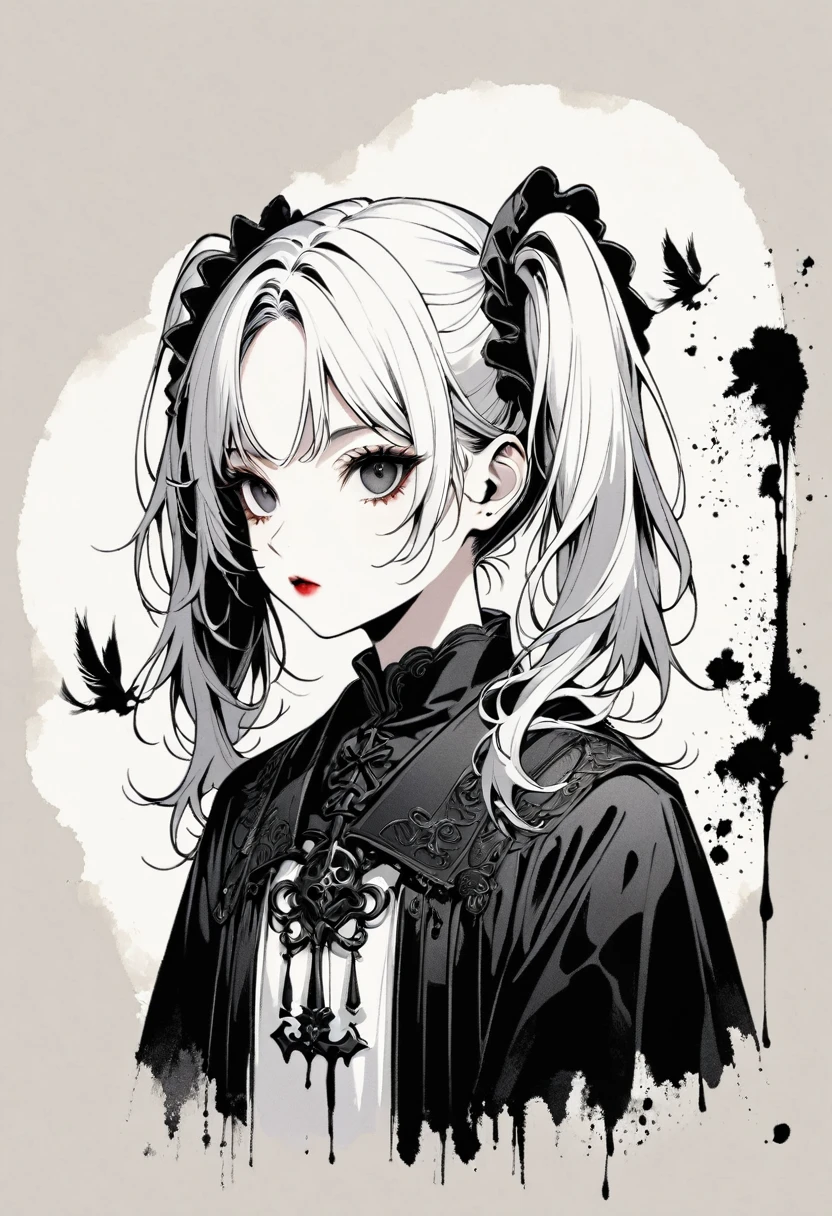 a detailed gothic girl with two pigtails, minimalist black and white line art, negative space, ink painting