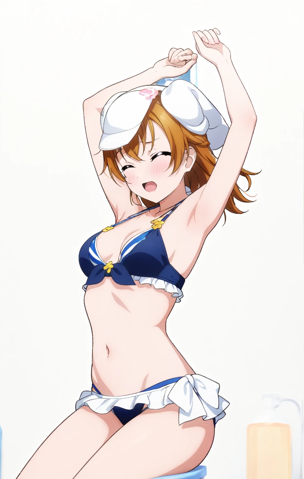 (masterpiece, best quality, highres), 1girl, medium hair, medium breasts, bikini, swimsuit, arms up, hands up, armpits, white background, id_honoka_kosaka, front view
