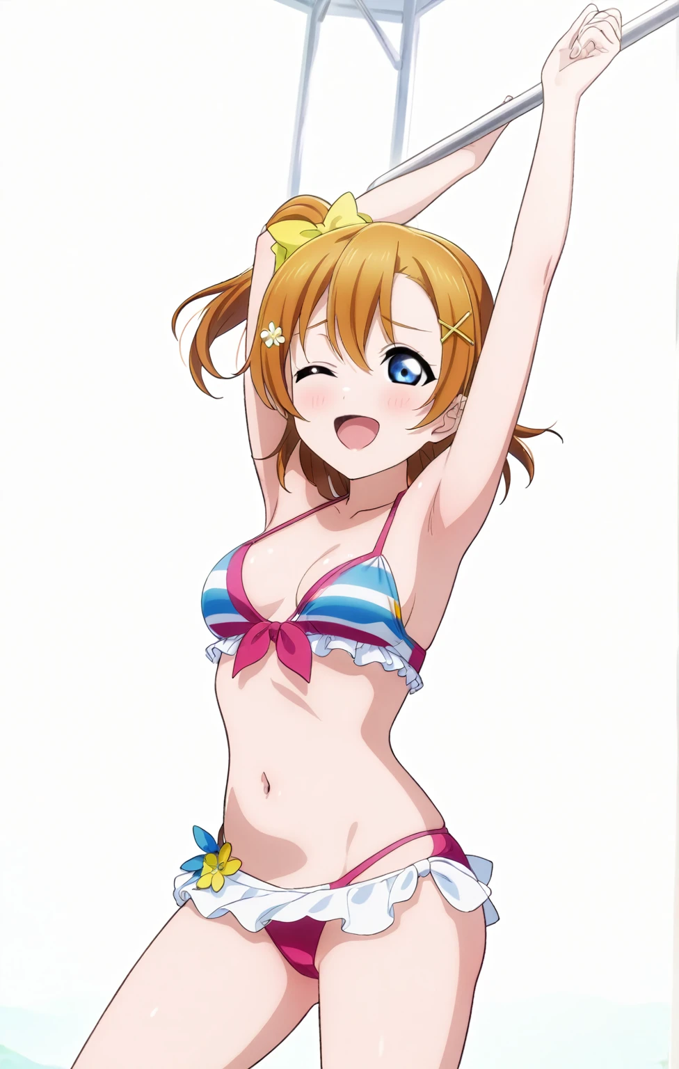 (masterpiece, best quality, highres), 1girl, medium hair, medium breasts, bikini, swimsuit, arms up, hands up, armpits, white background, id_honoka_kosaka, front view
