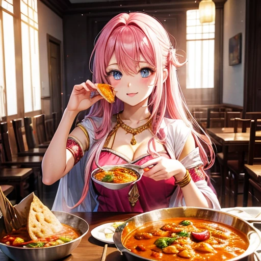 Pink haired goddess eating naan curry Indian traditional clothing