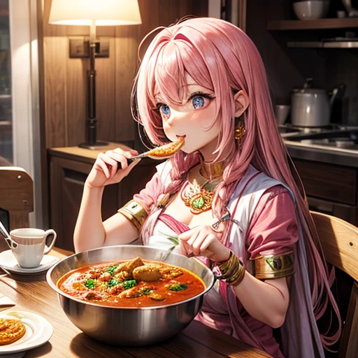 Pink haired goddess eating naan curry Indian traditional clothing