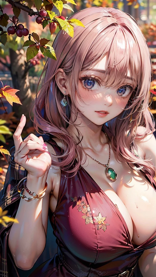 (Masterpiece, BestQuality:1.3), (ultra detailed:1.2), (hyperrealistic:1.3), (RAW photo:1.2), High detail RAW color photo, professional photograph, (Photorealistic:1.4), (realistic:1.4), (Pink Hair:1.5), professional lighting, perfect anatomy, (Big Breasts:1.2), (blush, detailed face), (A happy smile:1.7), Trending Hair&Trending Hairカラーをランダムに, earrings, necklace, bracelet, sexly, erotic sexly, Random sexy gravure poses, (Sexy beauty in a wine red dress、Autumn landscape background、A kind smile、Pose with leaves、Deep slit:1.3)