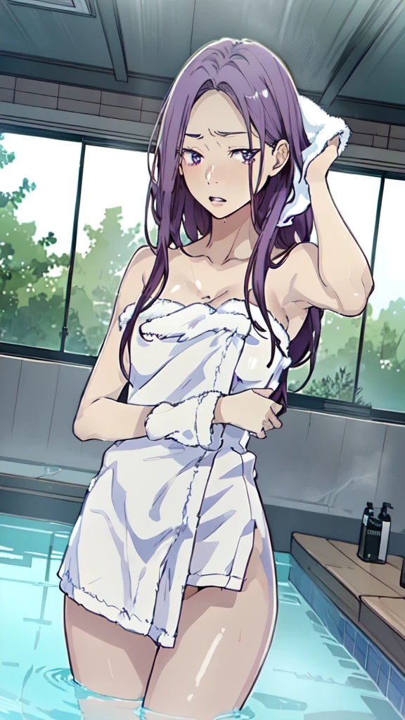 1girl, naked towel, collarbone, lips, HDR, realistic, hyper detail,very precise detailed,ultra high resolution,extremely detailed CG unity 8k wallpaper,(Realistic,Photorealsitic,hyper realisitic:1.5), girls only, dynamic lighting, ((bold imaginative poses)), (Glossy skin:1.5), masterpiece, highest quality, disorganized, Audience,(Wearing a bath towel:1.4), (purple hair 1.4),((beautiful, fine eyes:1.3)),(wet clothes:1.4), thin, High resolution, sharp focus, Depth of the bounds written, eye for detail, clear eyes, ((Aesthetic Anime Eyes:1.4)), outdoors, sunrise sky,Open-air bath at a long-established hot spring inn,(Wearing a bath towel:1.4)