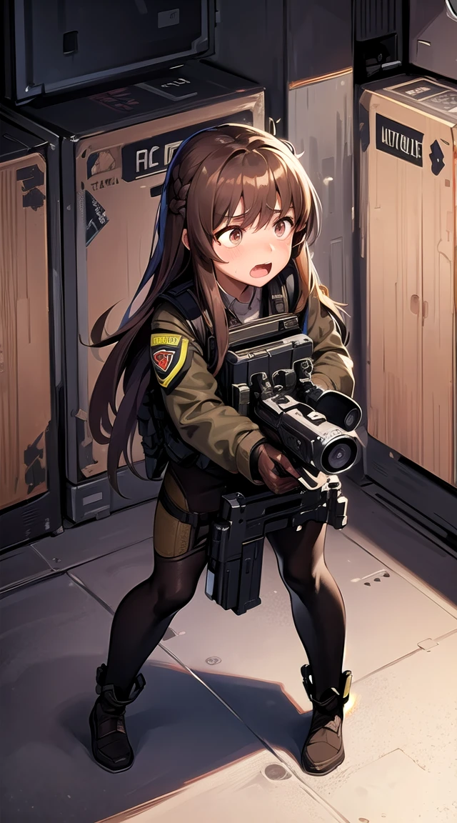 Masterpiece,a girl with Semi-auto rifle,bulletproof vest,tactical,brown leggings,long straight hair,(scared:1.4),(huddle:1.5),(flushing:1.2)