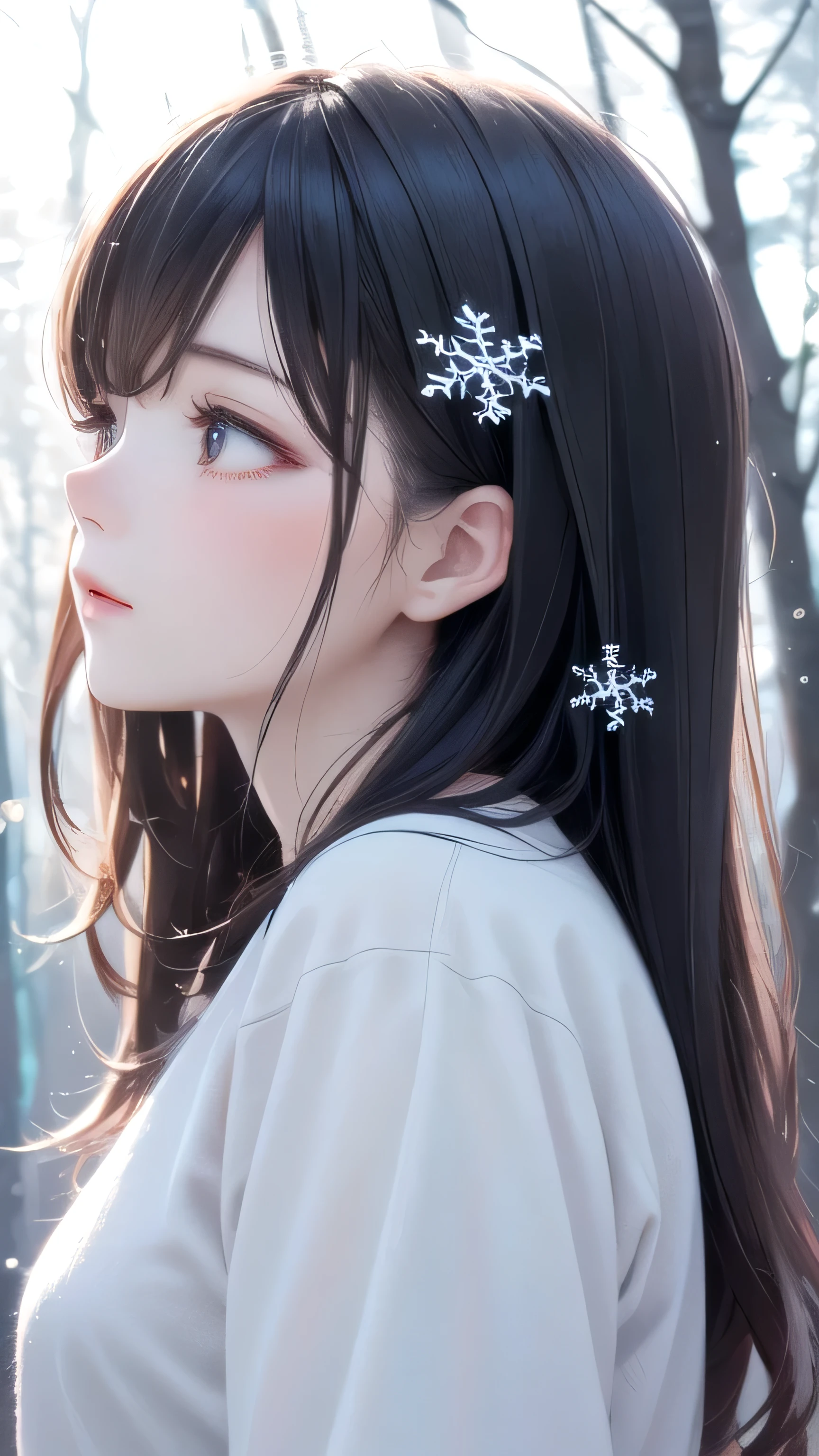 1girl, gradient hair, detailed clothes, winter forest, snowflake, soft cinematic light, elegant, highly detailed, faded, hires, backlighting, face focus, sparkle, from side, looking up