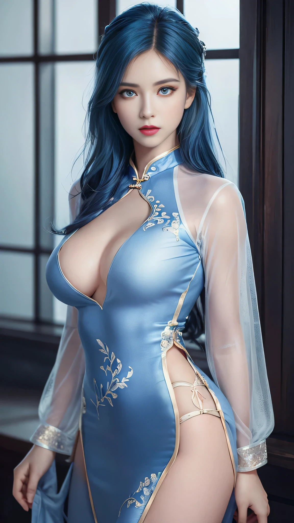 (Hyperrealistic), (illustration), (high resolution), (8K), (Extremely detailed), (Best Illustration), (Beautiful detailed eyes), (Best quality), (Ultra-detailed), (Masterpiece), (the wallpaper), (Photorealistic), (Natural light), (rim lit), (Detailed face), (Highly detailed realistic skin textures), (Anatomically correct), (Solo), (1 girl), (high detailed realistic hair), (Blue hair:1.2), spiked hair, (Heterochromic eyes), (detailed green eyes), (Small moles under the eyes), (Realistic big breasts:1.5), (Exposed breasts:1.3), (Long legs), (Slender abs), (Dynamic pose), (Closed mouth:1.3), (traditional cheongsam outfit), (Sheer clothes:1.5), NSFW,nakeness