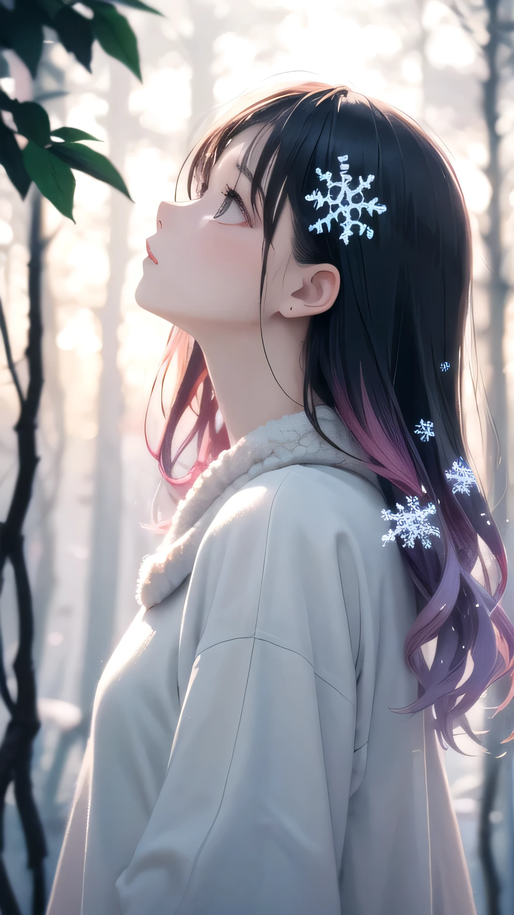 1girl, gradient hair, detailed clothes, winter forest, snowflake, soft cinematic light, elegant, highly detailed, faded, hires, backlighting, face focus, sparkle, from side, looking up