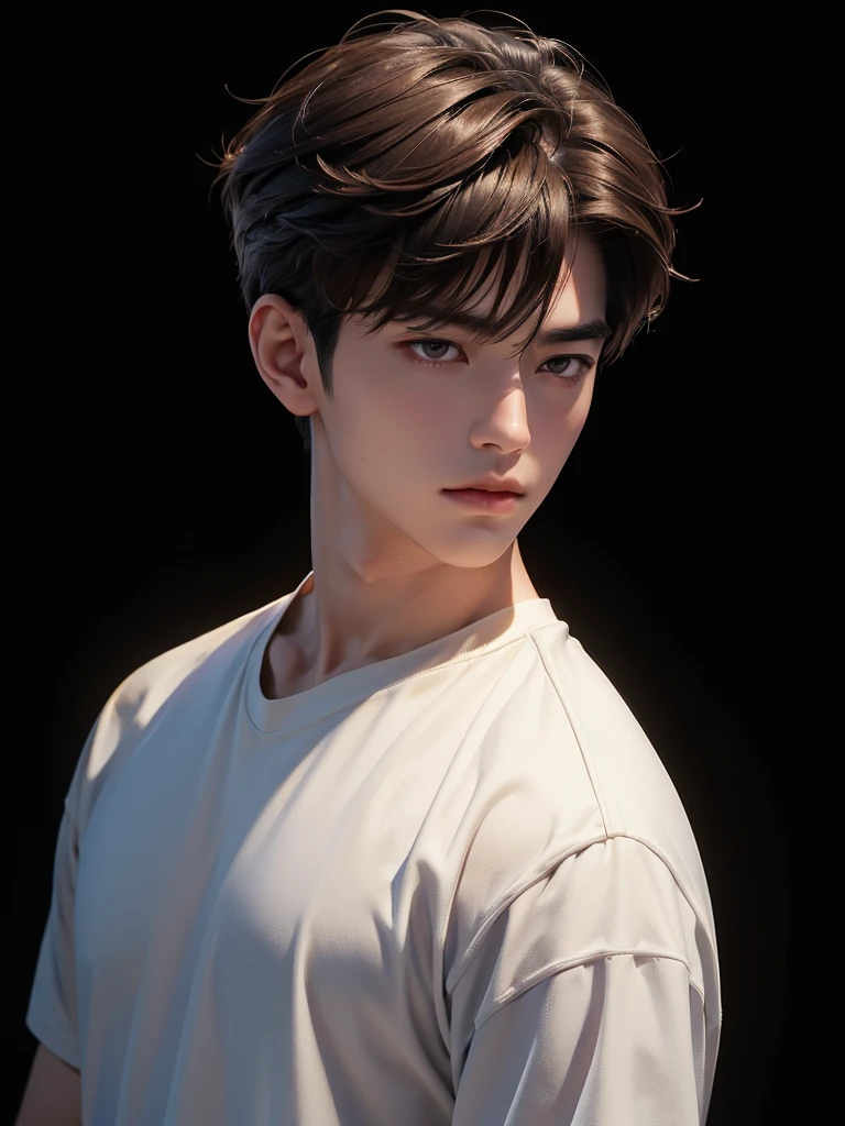 ((best quality, 8K, masterpiece: 1.3)), (sharp focus: 1.2), Korean Men, matchless, brown hair, Temptation, Calm head, black shirt, black background, White skin, natural expression, looking down, Asian face, sporty