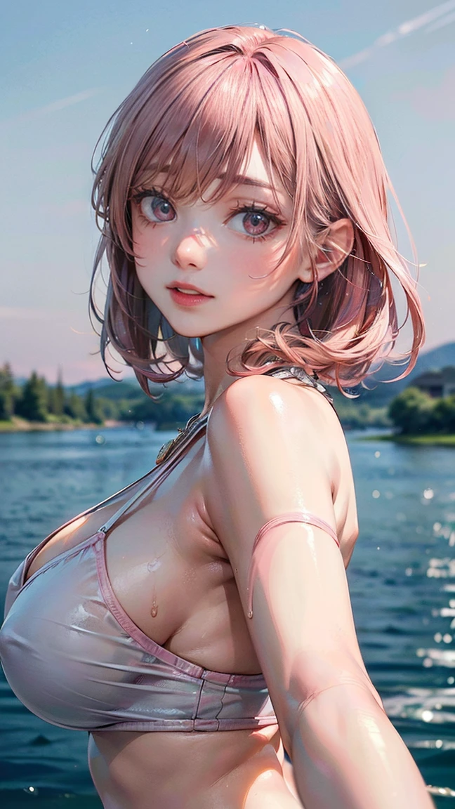 (Masterpiece, BestQuality:1.3), (ultra detailed:1.2), (hyperrealistic:1.3), (RAW photo:1.2), High detail RAW color photo, professional photograph, (Photorealistic:1.4), (realistic:1.4), (Pink Hair:1.5), professional lighting, perfect anatomy, (Big Breasts:1.2), (blush, detailed face), (A happy smile:1.7), Trending Hair&Trending Hairカラーをランダムに, earrings, necklace, bracelet, sexly, erotic sexly, Random sexy gravure poses, (Sexy beauty in an elegant grey dresisty lake background、Fantastic eyes、One arm outstretched pose、The back is boldly open:1.3)