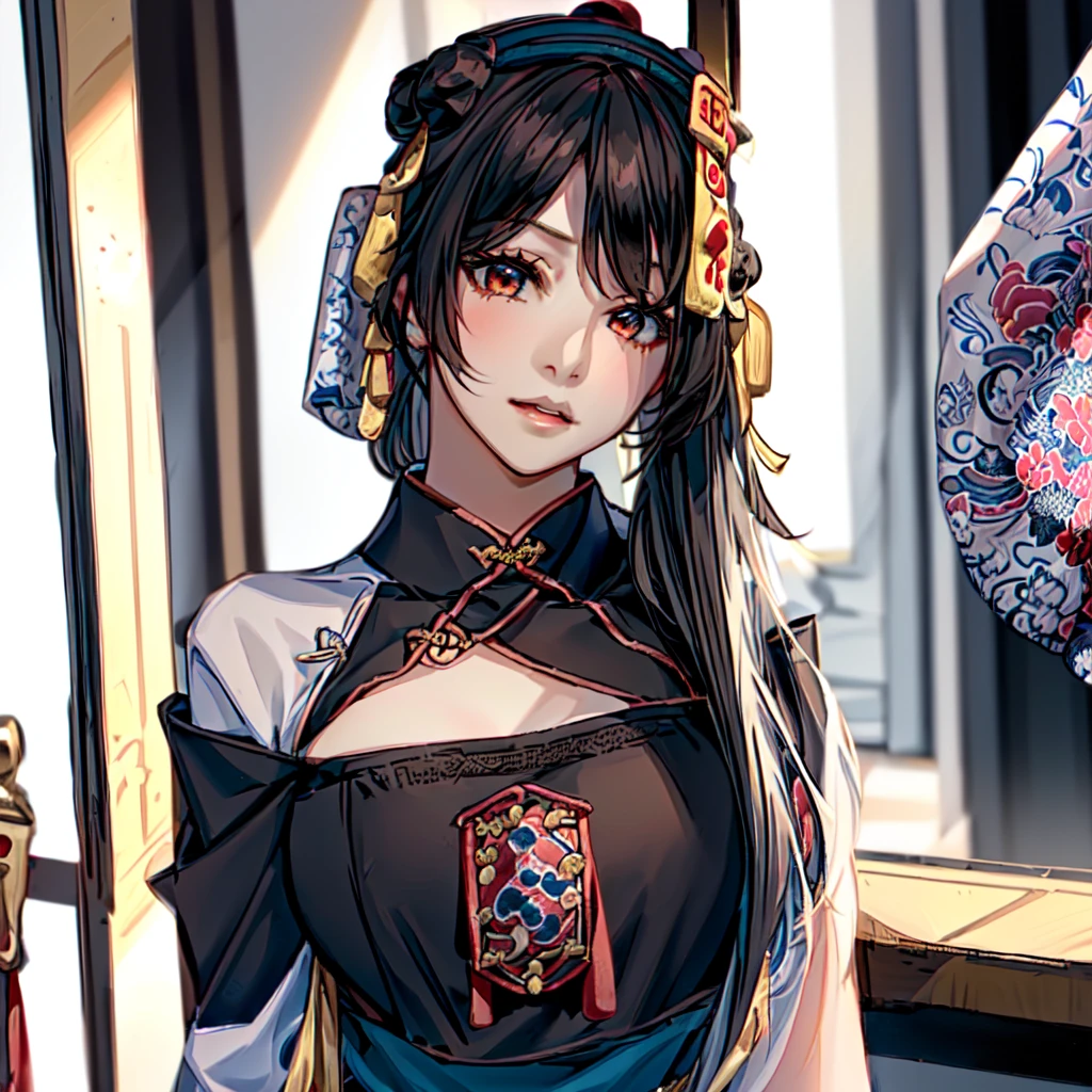 Woman with long white hair wearing black top and blue skirt, Japanese Goddess, Anime Girl Cosplay, White Ji haircut, palace ， Girl wearing Hanfu, Deer Meet, Hanfu, Anime role playing, In line with Chinese aesthetics, 穿着Chinese Clothing, Chinese Clothing, Chinese, black hime cut hair, Chinese Girl, anime-inspired