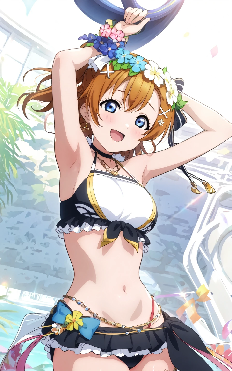 (masterpiece, best quality, highres), 1girl, medium hair, medium breasts, bikini, swimsuit, arms up, hands up, armpits, white background, id_honoka_kosaka, front view