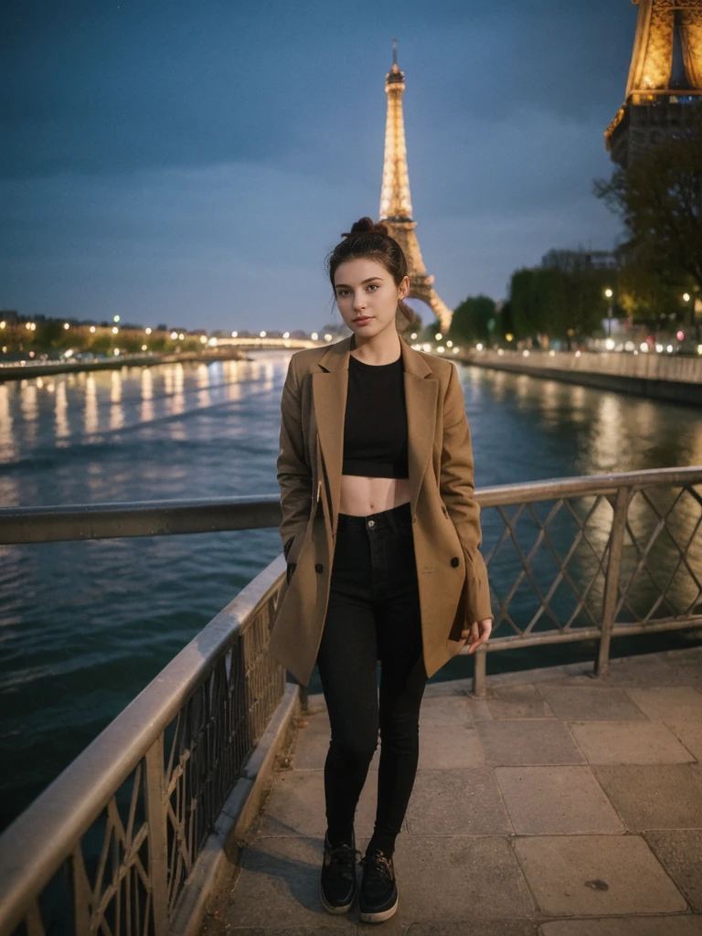 her name is Amelie, high quality, 1girl, ((20-year-old fit Caucasian woman)), ((20 years old)), ((fit)), ((Half-Up Bun dark hair)), pose: standing, wearing stylish Generation-Z modern wear unique colored, BACKGROUND:Standing on a bridge over the Seine River, with the Eiffel Tower illuminated against the night sky