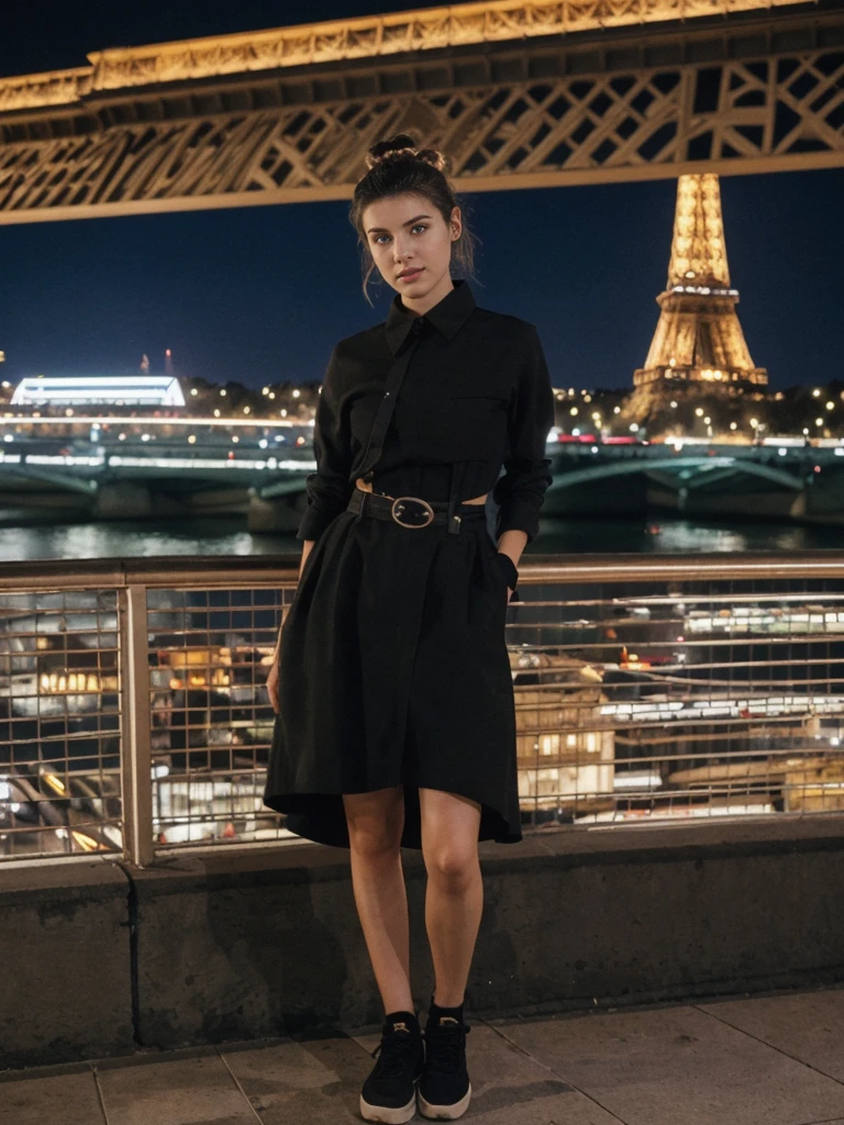her name is Amelie, high quality, 1girl, ((20-year-old fit Caucasian woman)), ((20 years old)), ((fit)), ((Half-Up Bun dark hair)), pose: standing, wearing stylish Generation-Z modern wear unique colored, BACKGROUND:Standing on a bridge over the Seine River, with the Eiffel Tower illuminated against the night sky