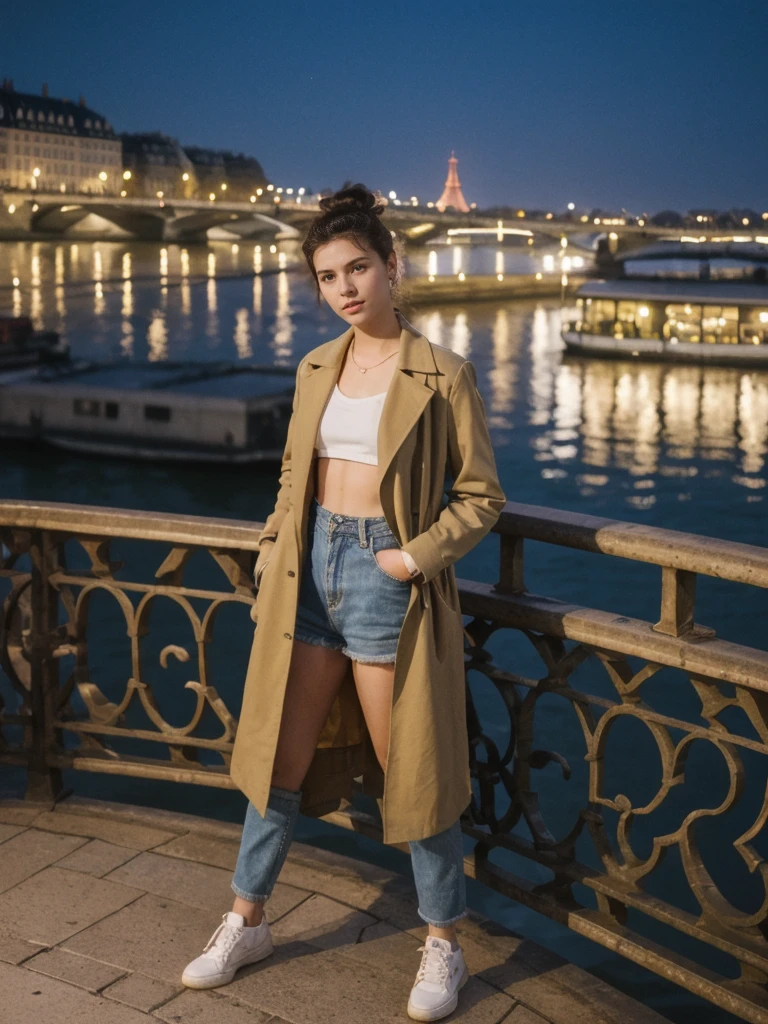 her name is Amelie, high quality, 1girl, ((20-year-old fit Caucasian woman)), ((20 years old)), ((fit)), ((Half-Up Bun dark hair)), pose: standing, wearing stylish Generation-Z modern wear unique colored, BACKGROUND:Standing on a bridge over the Seine River, with the Eiffel Tower illuminated against the night sky
