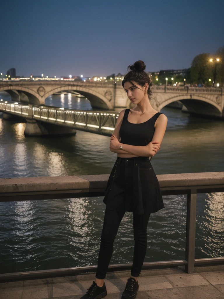 her name is Amelie, high quality, 1girl, ((20-year-old fit Caucasian woman)), ((20 years old)), ((fit)), ((Half-Up Bun dark hair)), pose: standing, wearing stylish Generation-Z modern wear unique colored, BACKGROUND:Standing on a bridge over the Seine River, with the Eiffel Tower illuminated against the night sky