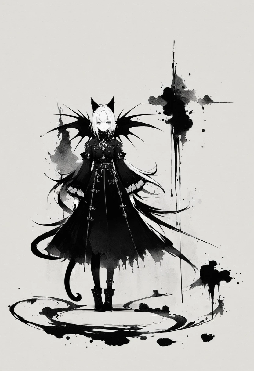 Double tail,Gothic,Minimalism,Black and white painting,Lineism,Lots of white space,Ink Painting