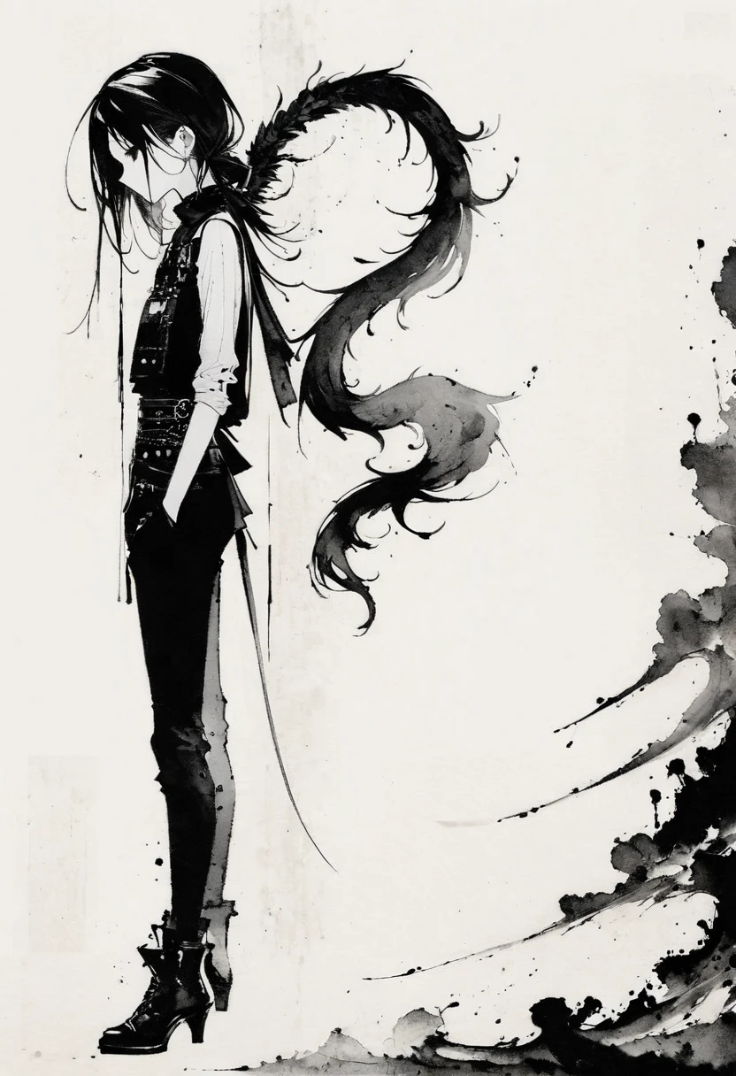 Double tail,Gothic,Minimalism,Black and white painting,Lineism,Lots of white space,Ink Painting